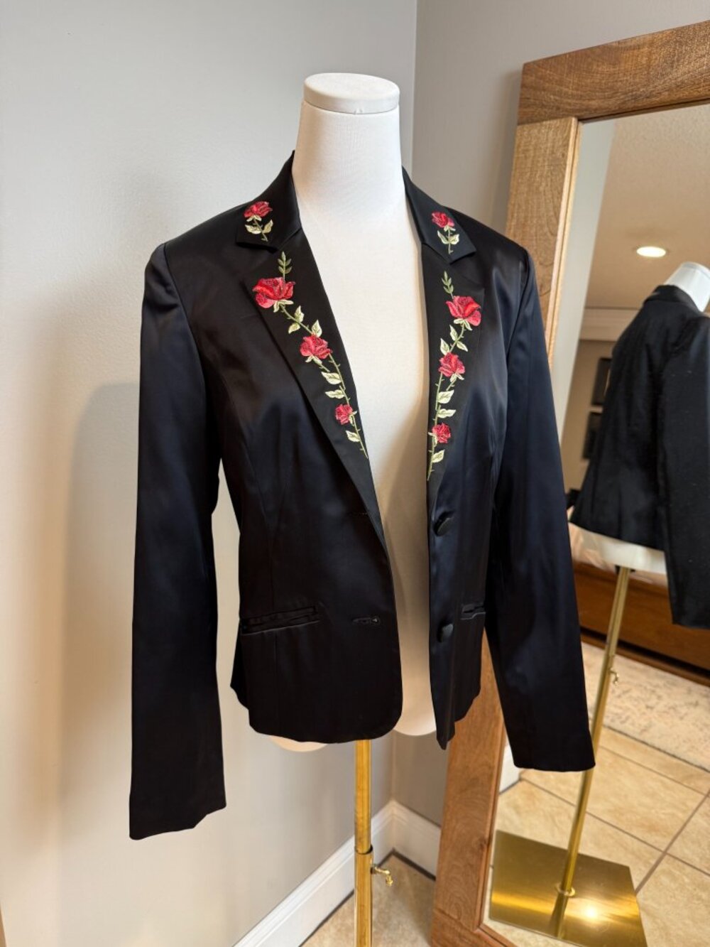 Vintage Nicole Miller Satin Blazer Floral Appliqué Black Size 8